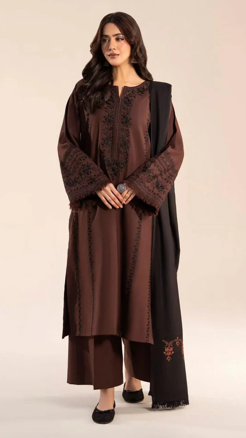 Sanam Embroidered 3PC Stone Linen Suit