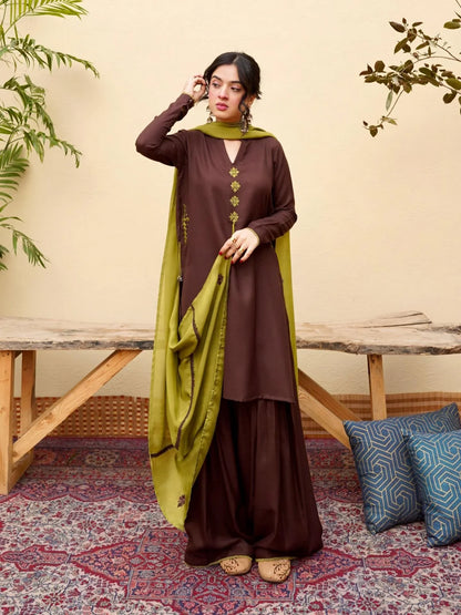 Pista Embroidered 3PC Stone Marina Suit with Sharara