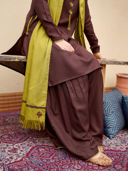 Pista Embroidered 3PC Stone Marina Suit with Sharara