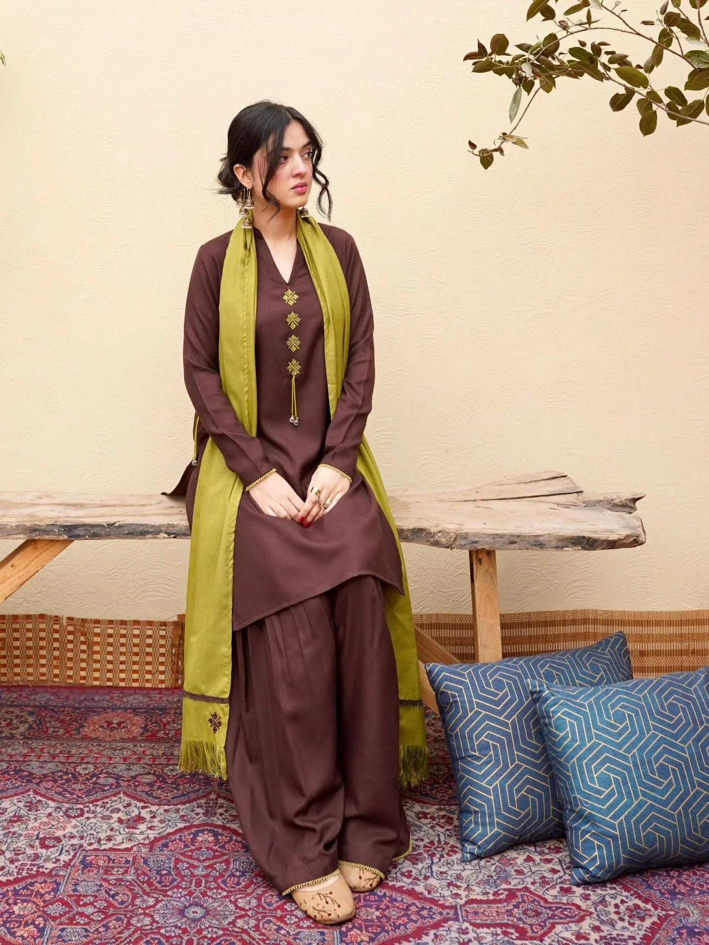 Pista Embroidered 3PC Stone Marina Suit with Sharara