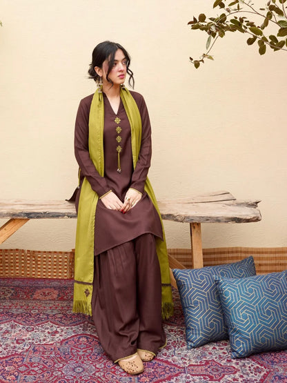 Pista Embroidered 3PC Stone Marina Suit with Sharara
