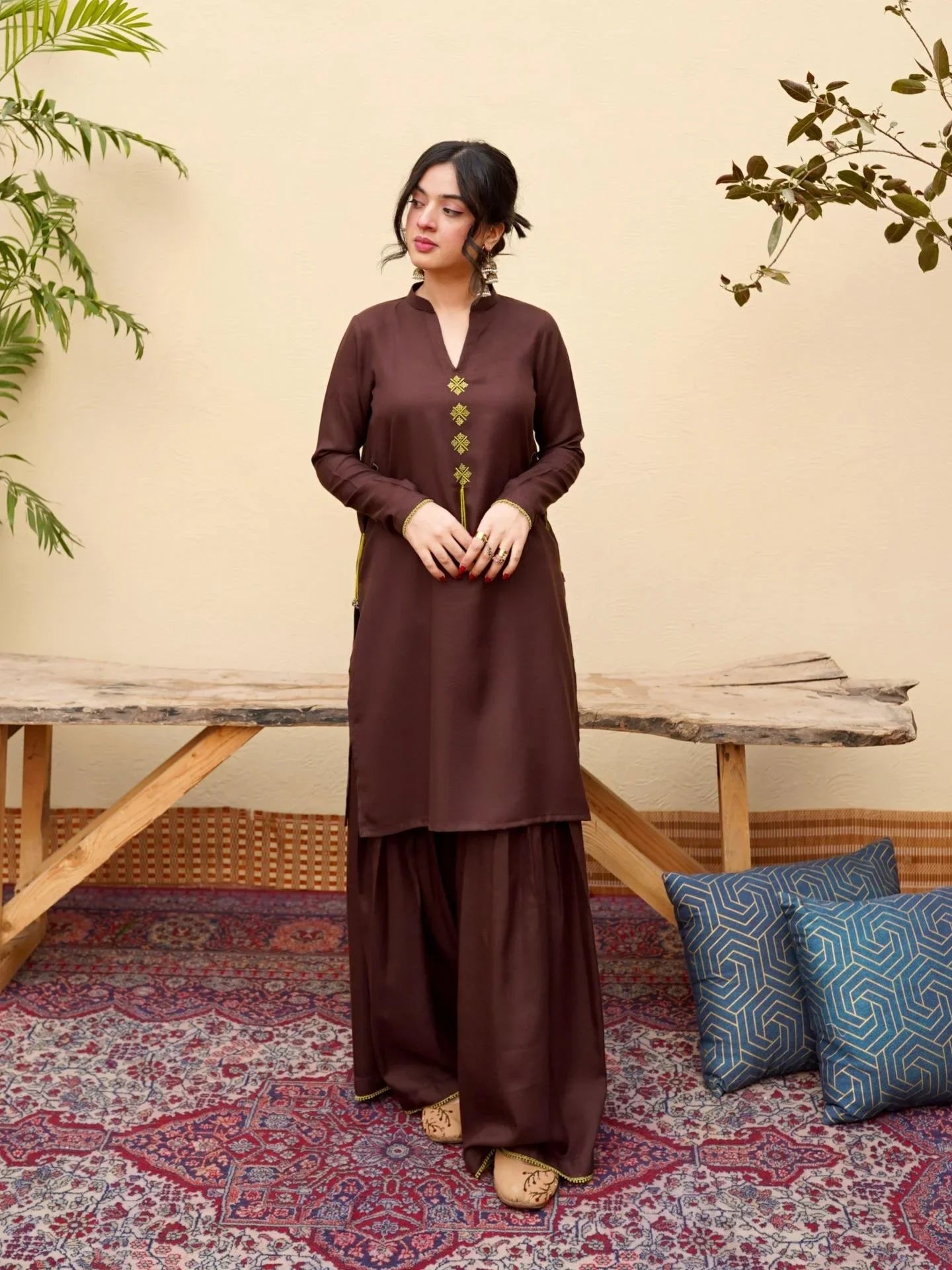 Pista Embroidered 3PC Stone Marina Suit with Sharara