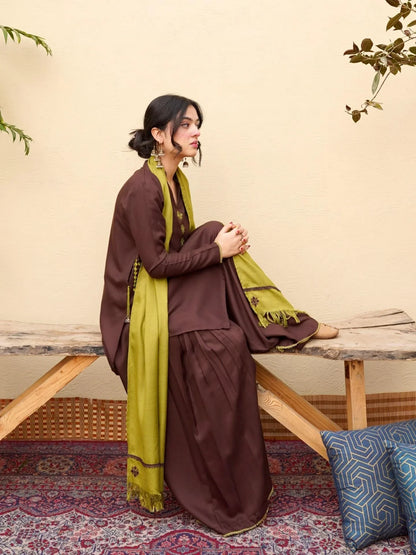 Pista Embroidered 3PC Stone Marina Suit with Sharara