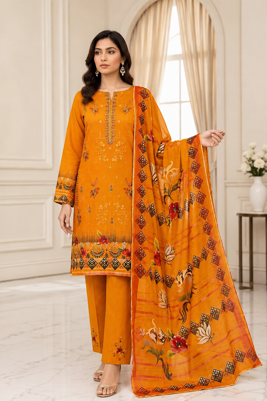 FizzabyZahir Golden Marigold – Luxury Embroidered Lawn 3 Piece Unstitched Suit