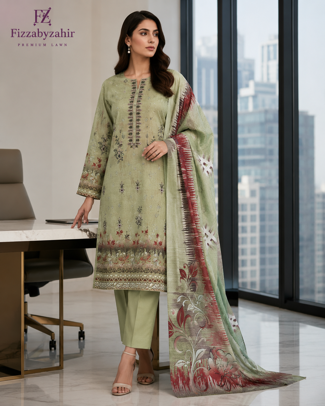 FizzabyZahir Sage Elegance – Luxury Embroidered Lawn 3 Piece Unstitched Suit